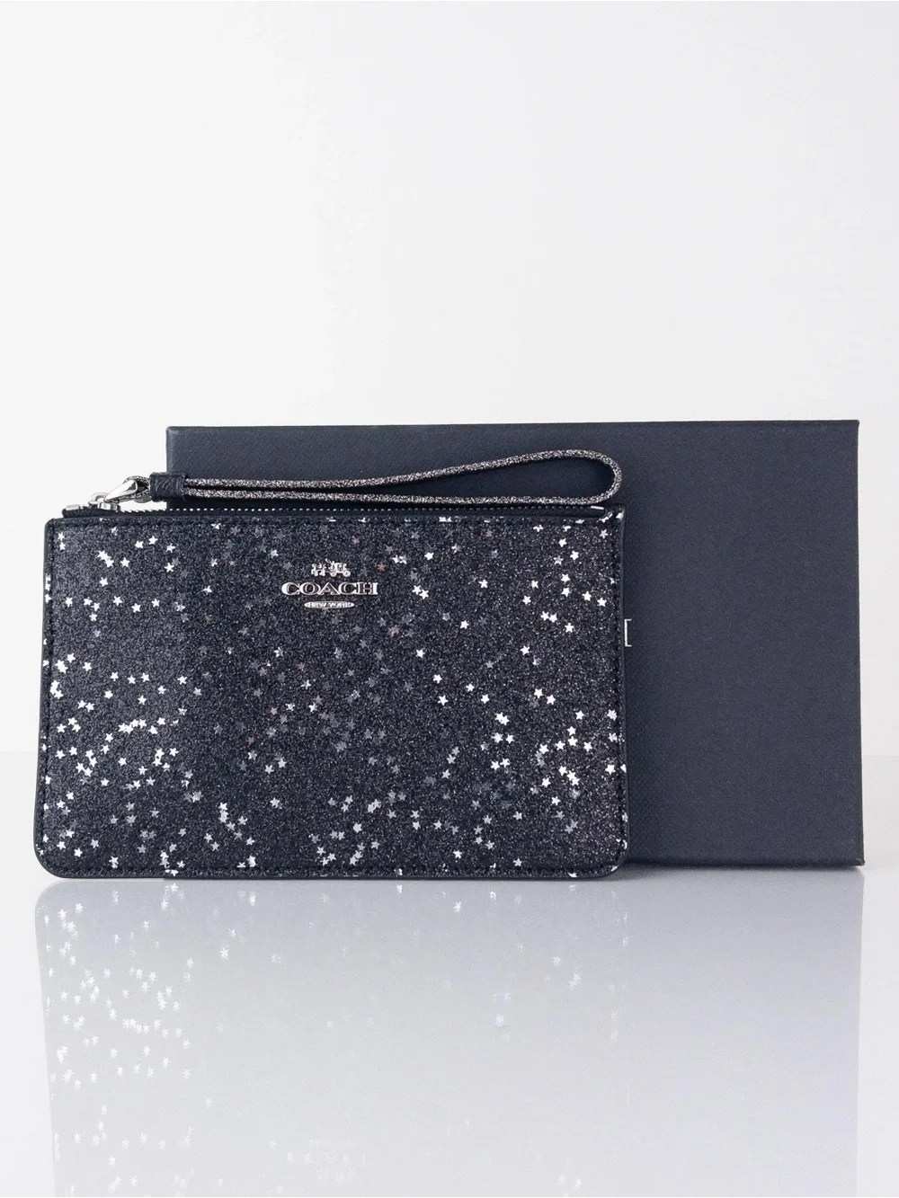 NWT Coach Black Star Glitter Wristlet Zip Pouch Wallet Clutch w/ Gift Box